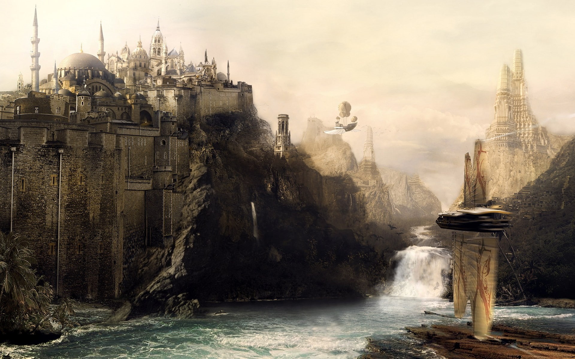 religion, water, architecture, built structure, flowing water, motion, fantasy art, beauty in nature, scenics - nature, place of worship, history, sky, HD Wallpaper