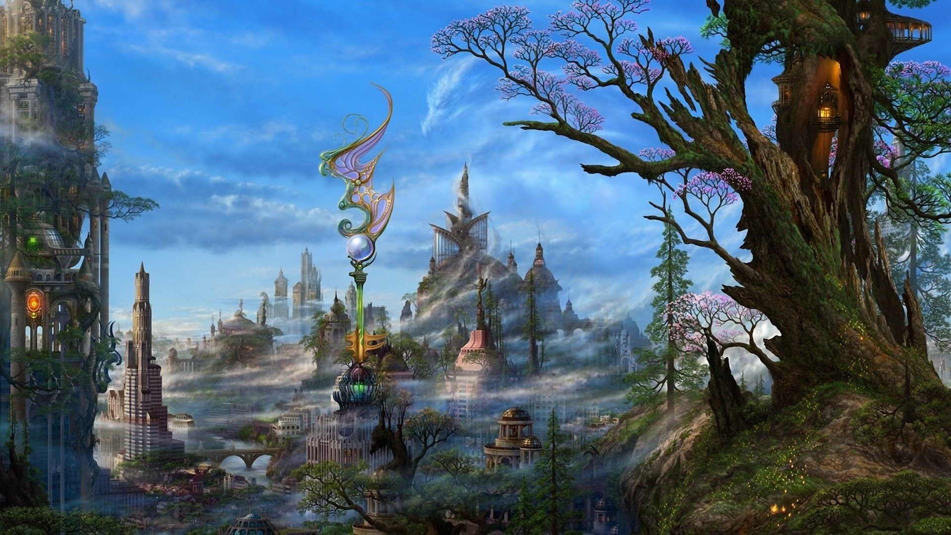 no people, nature, digital art, surrounded, dragon, forest, sky, multicolored, 1080P, outdoors, digital, growth, building, skyscraper, water, HD Wallpaper