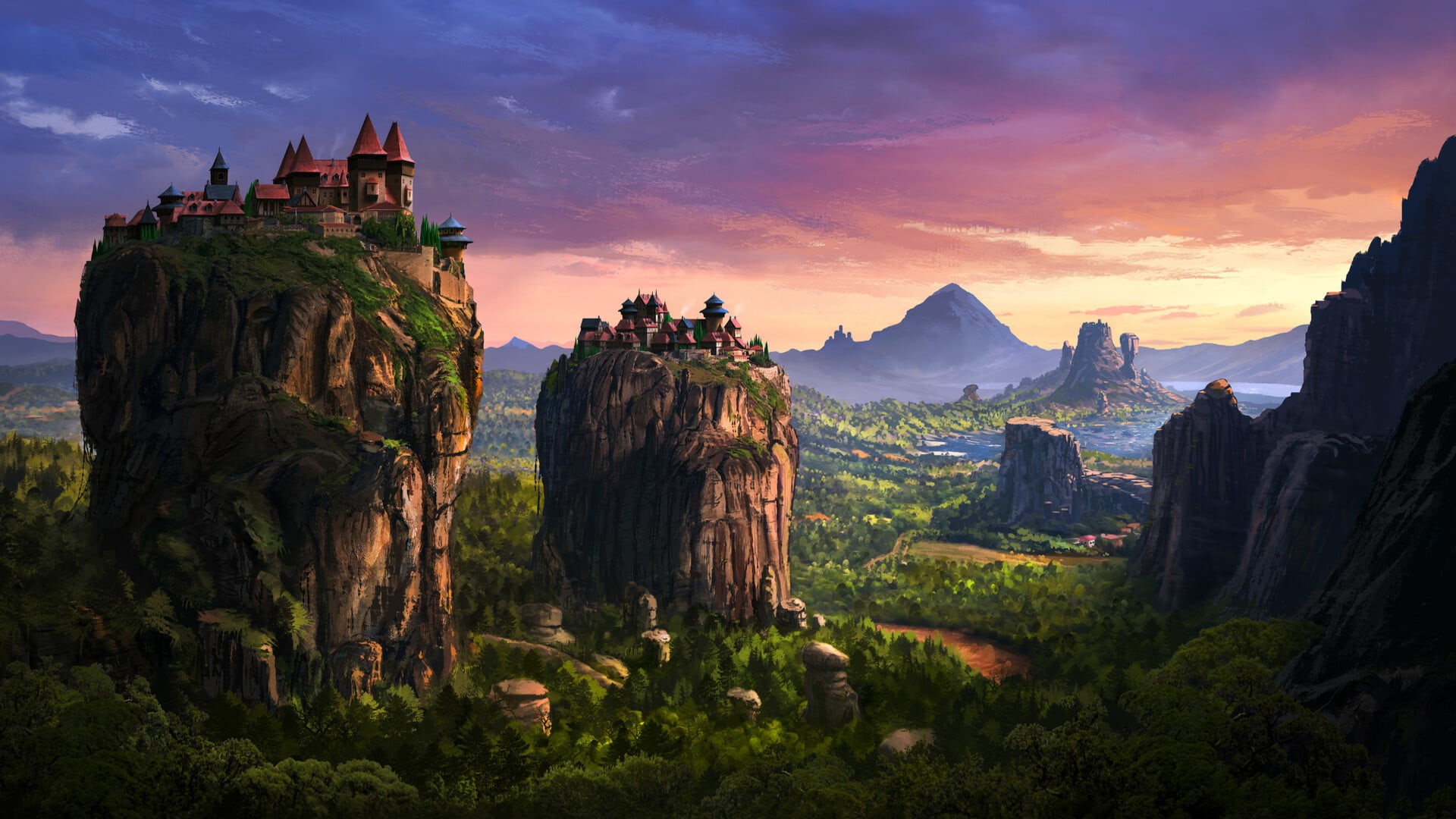 Mountain, 1080P, Landscape, Fantasy, Hilltop, Town, HD Wallpaper