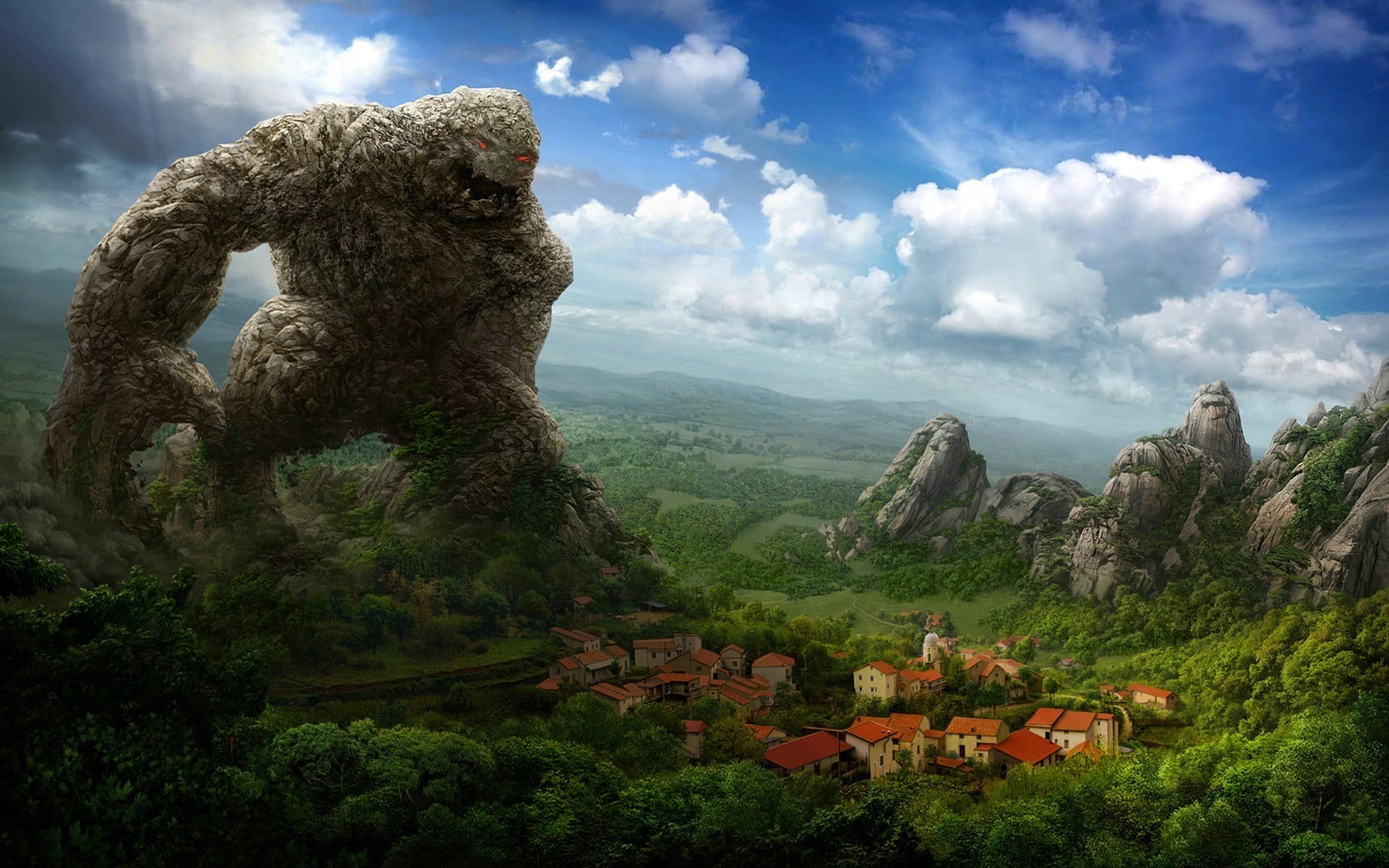 architecture, brown, building exterior, mountain, land, creature, residential district, landscape, rock, drawing, illustration, house, trees, no people, HD Wallpaper