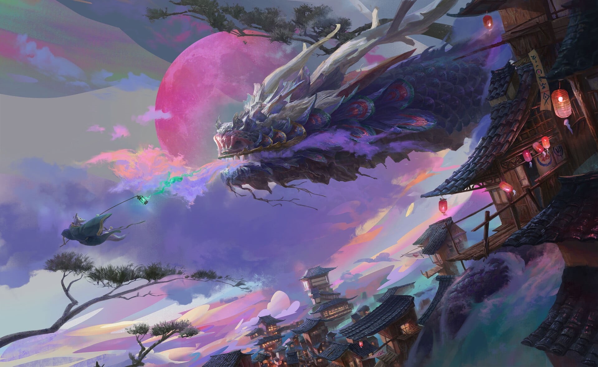 Asian, Warrior, Dragon, Fantasy, Town, 1080P, HD Wallpaper