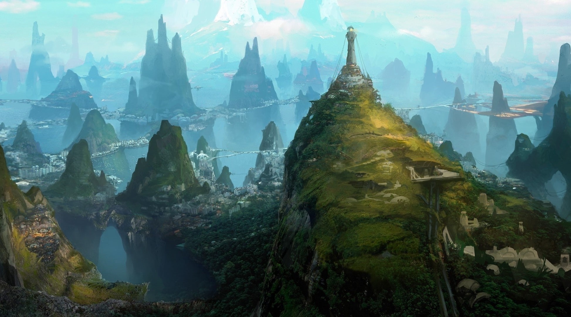 nature, town, lighthouse, bridge, fantasy art, statue, trees, 1080P, digital art, building, mountains, fantasy city, landscape, HD Wallpaper