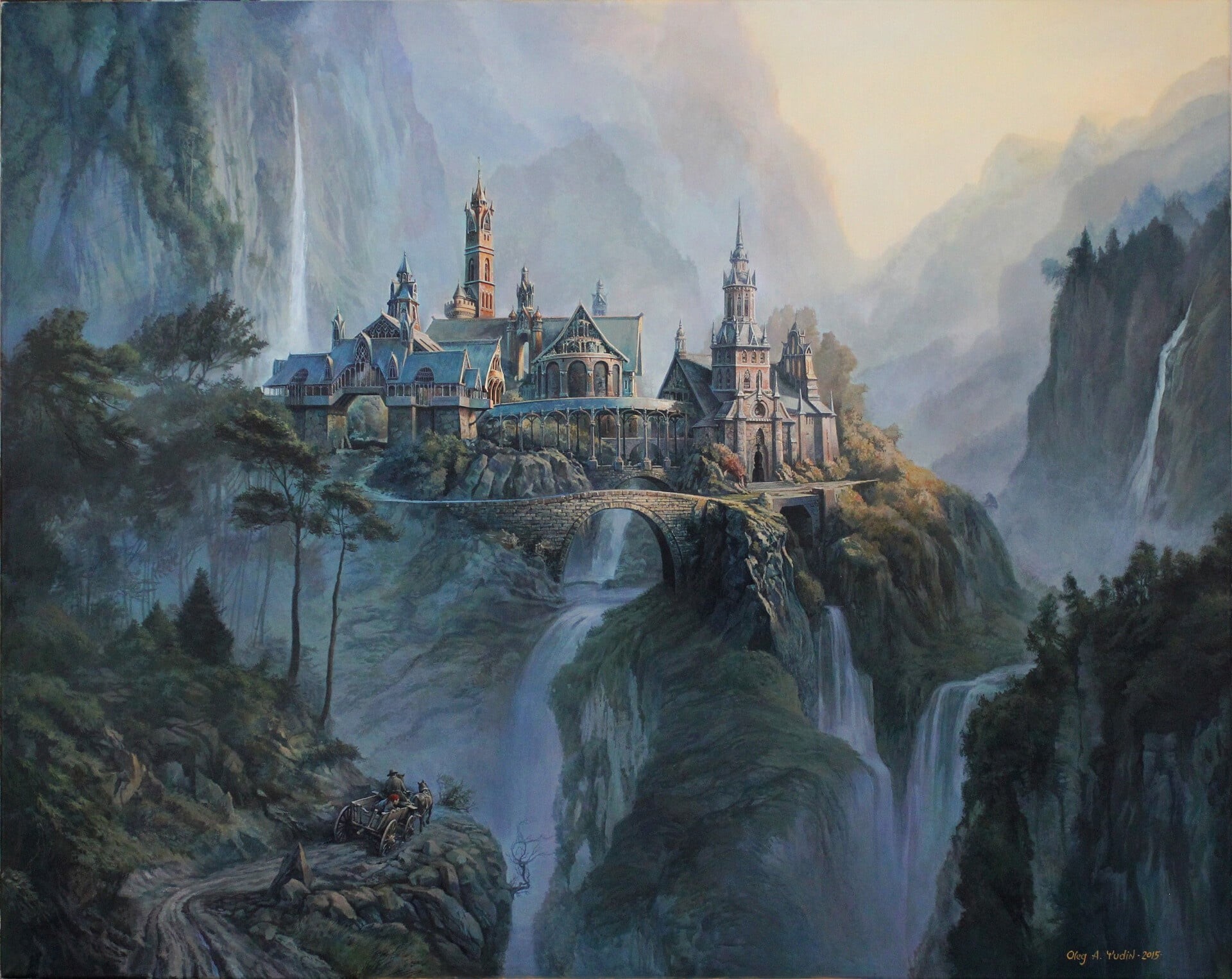 City, Waterfall, 1080P, Town, Fantasy, HD Wallpaper