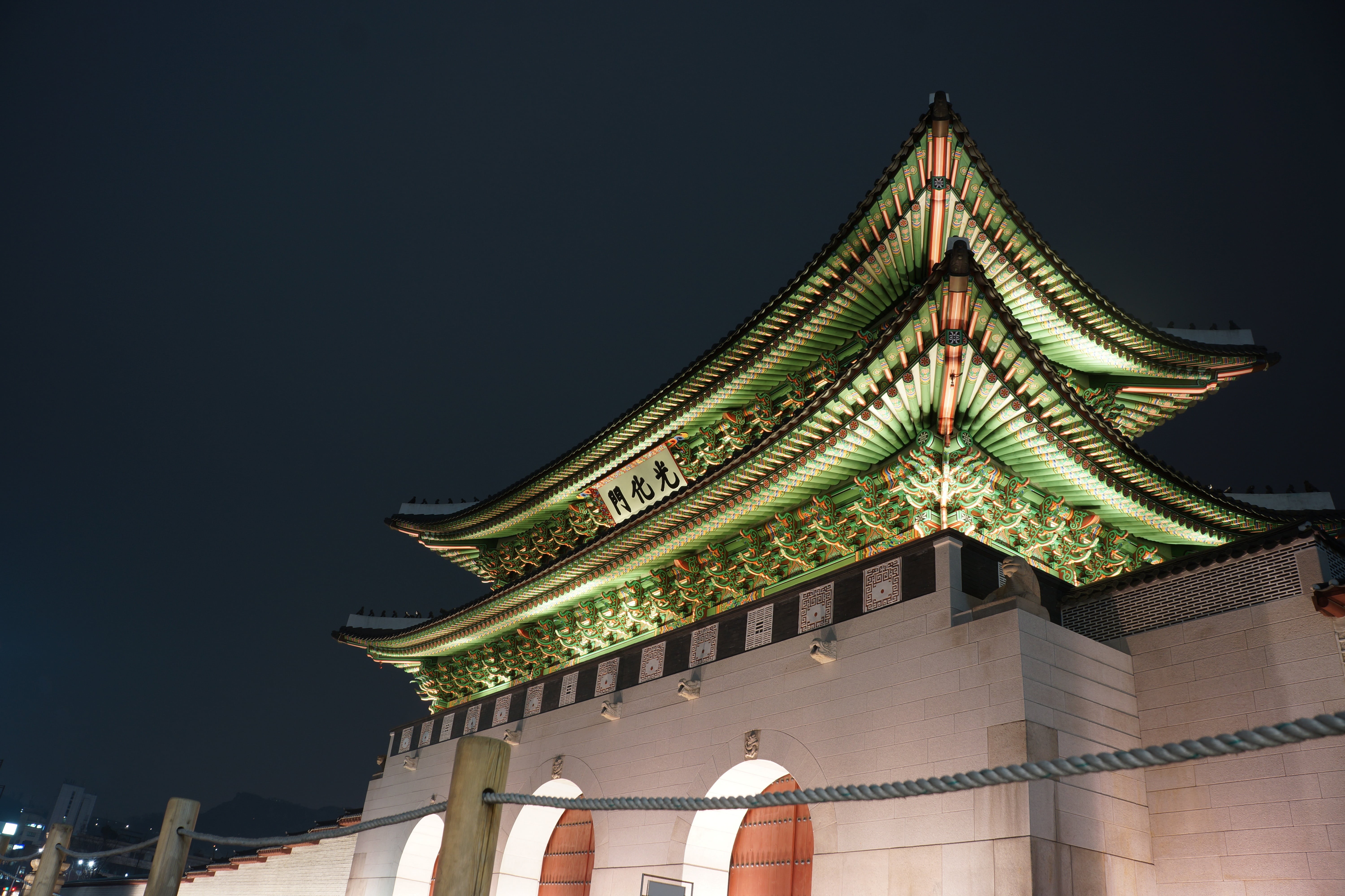 temple, outdoors, tourism, religion, the past, low angle view, no people, 5K, building exterior, history, built structure, gyeongbok palace, travel, clear sky, HD Wallpaper