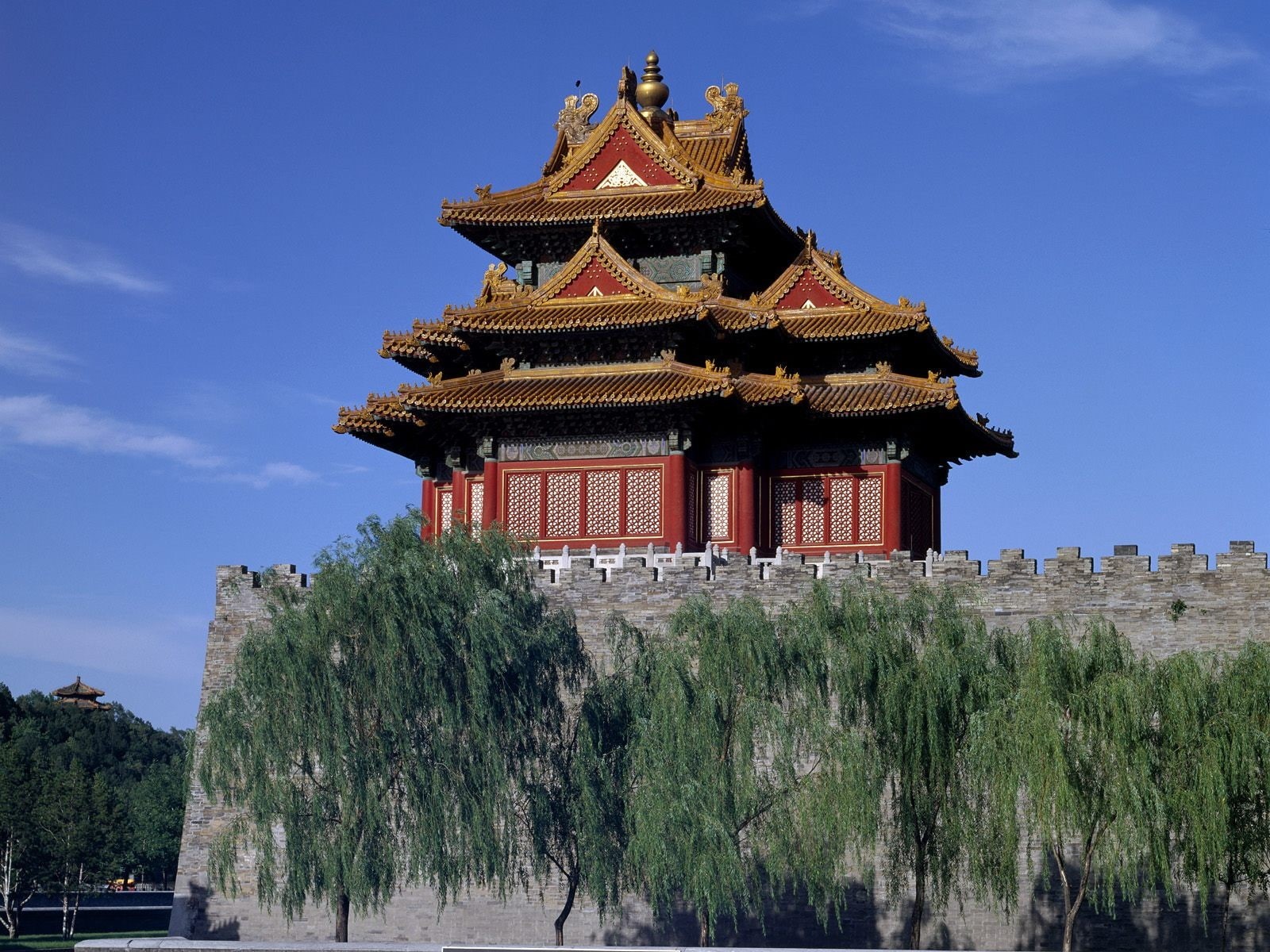 architecture, building, wall, willows, ancient, corner tower, 720P, trees, Asia, Forbidden City, HD Wallpaper