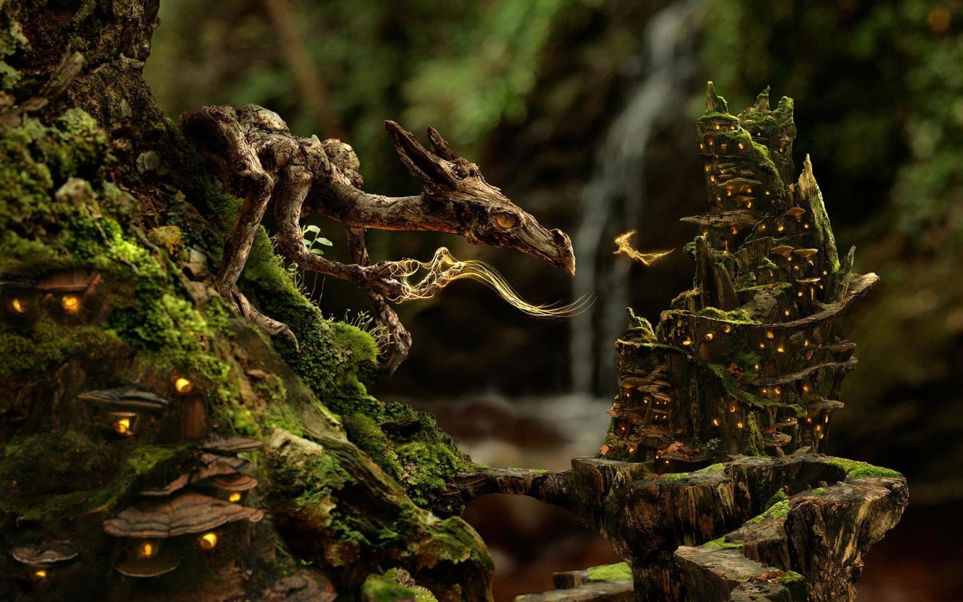 outdoors, tree trunk, moss, artwork, miniature, structure, day, creature, green color, branch, wood - material, no people, wood, tranquility, growth, digital art, HD Wallpaper