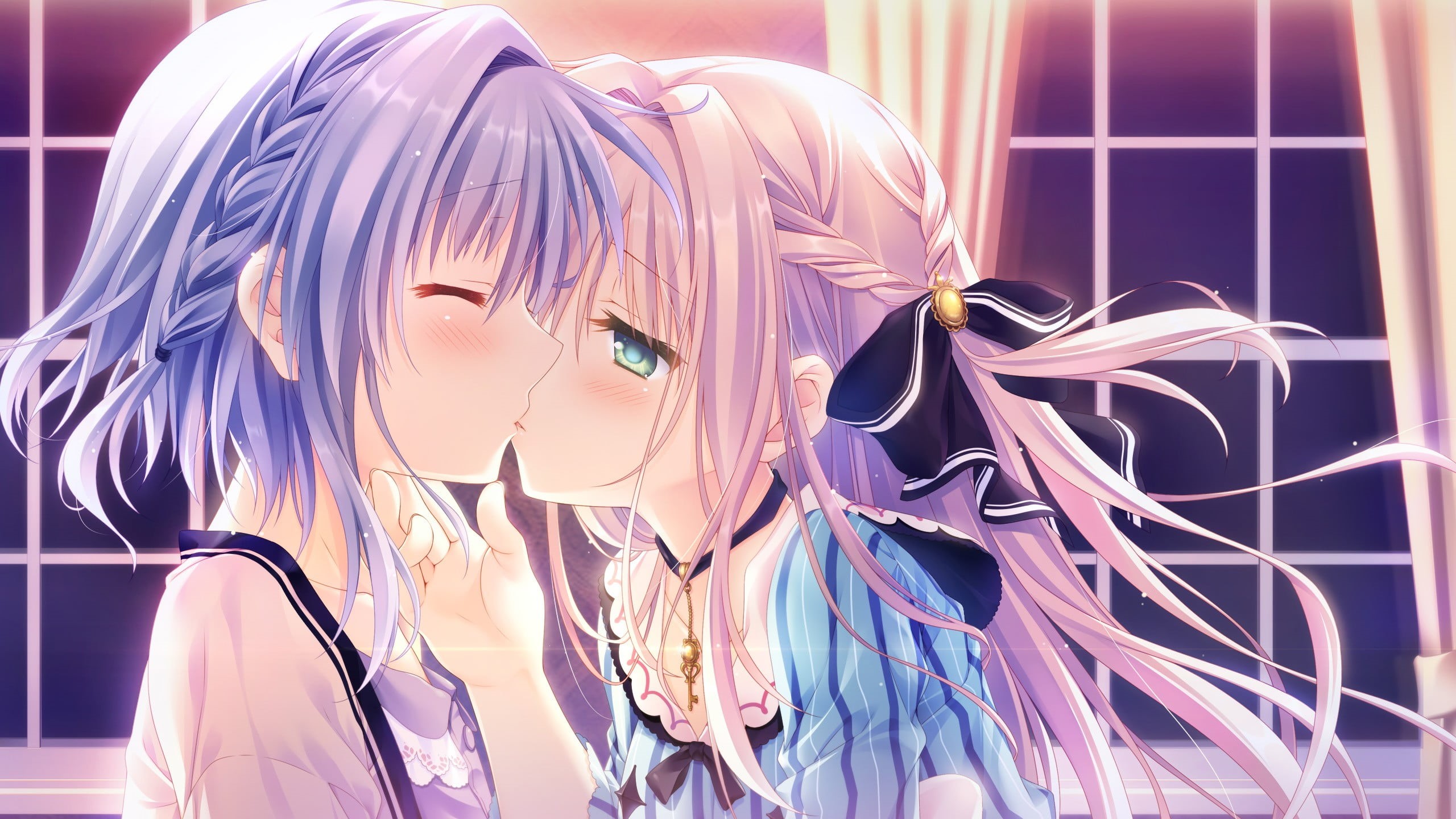 hair, young women, hairstyle, multi colored, adult, anime, beauty, indoors, short hair, yuri, close-up, blond hair, long hair, anime girls, purple hair, HD Wallpaper