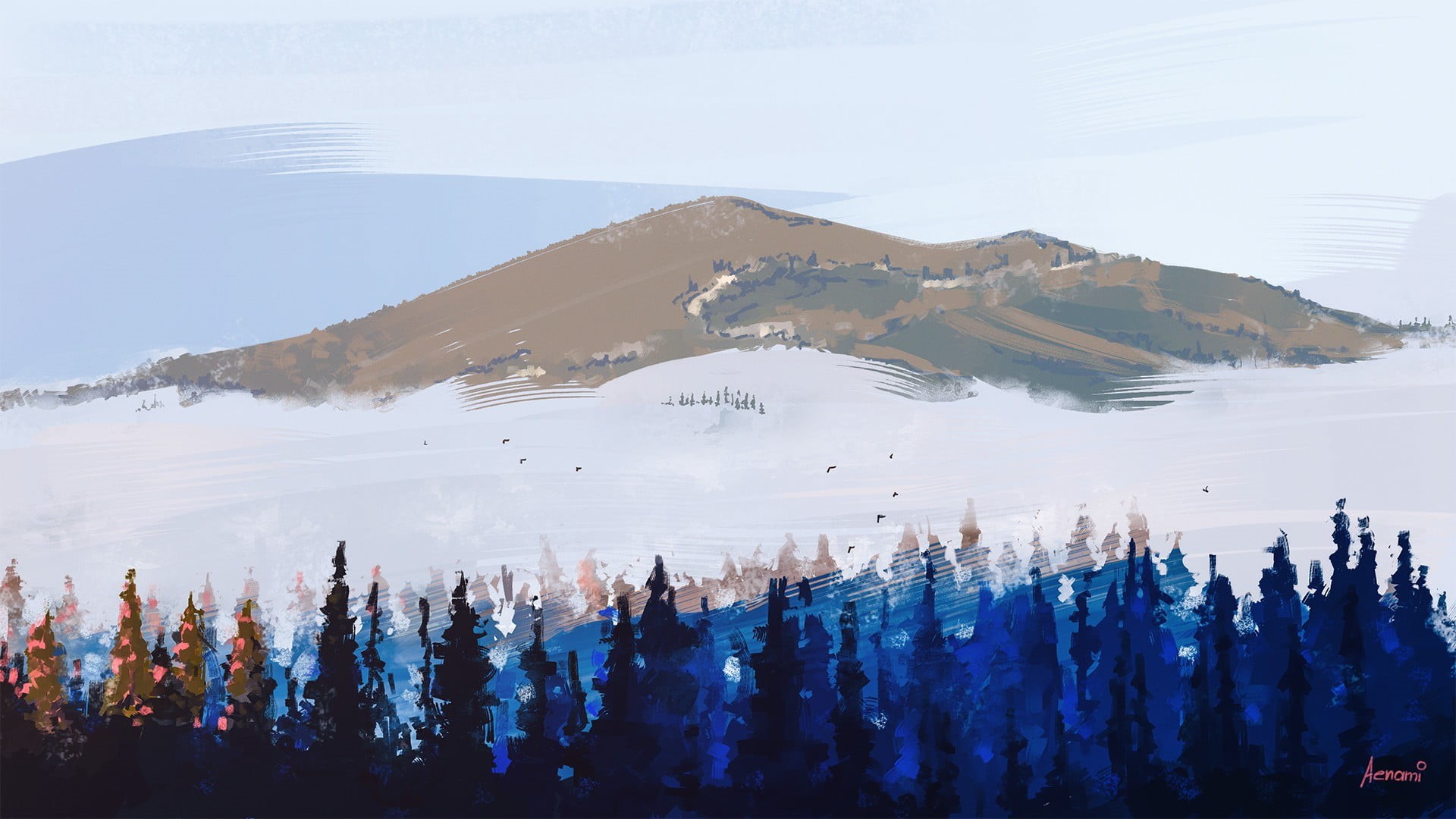 yellow, Aenami, outdoors, snowcapped mountain, blue, cold temperature, mountain, environment, day, pine, artwork, scenics - nature, sky, painting, lake, HD Wallpaper