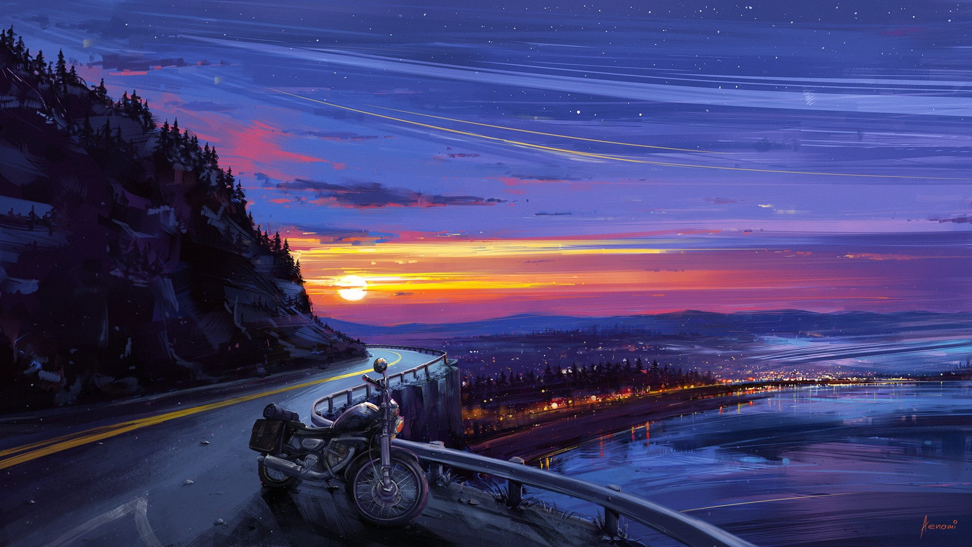 sunset, motorcycle, Aenami, digital art, 1080P, HD Wallpaper