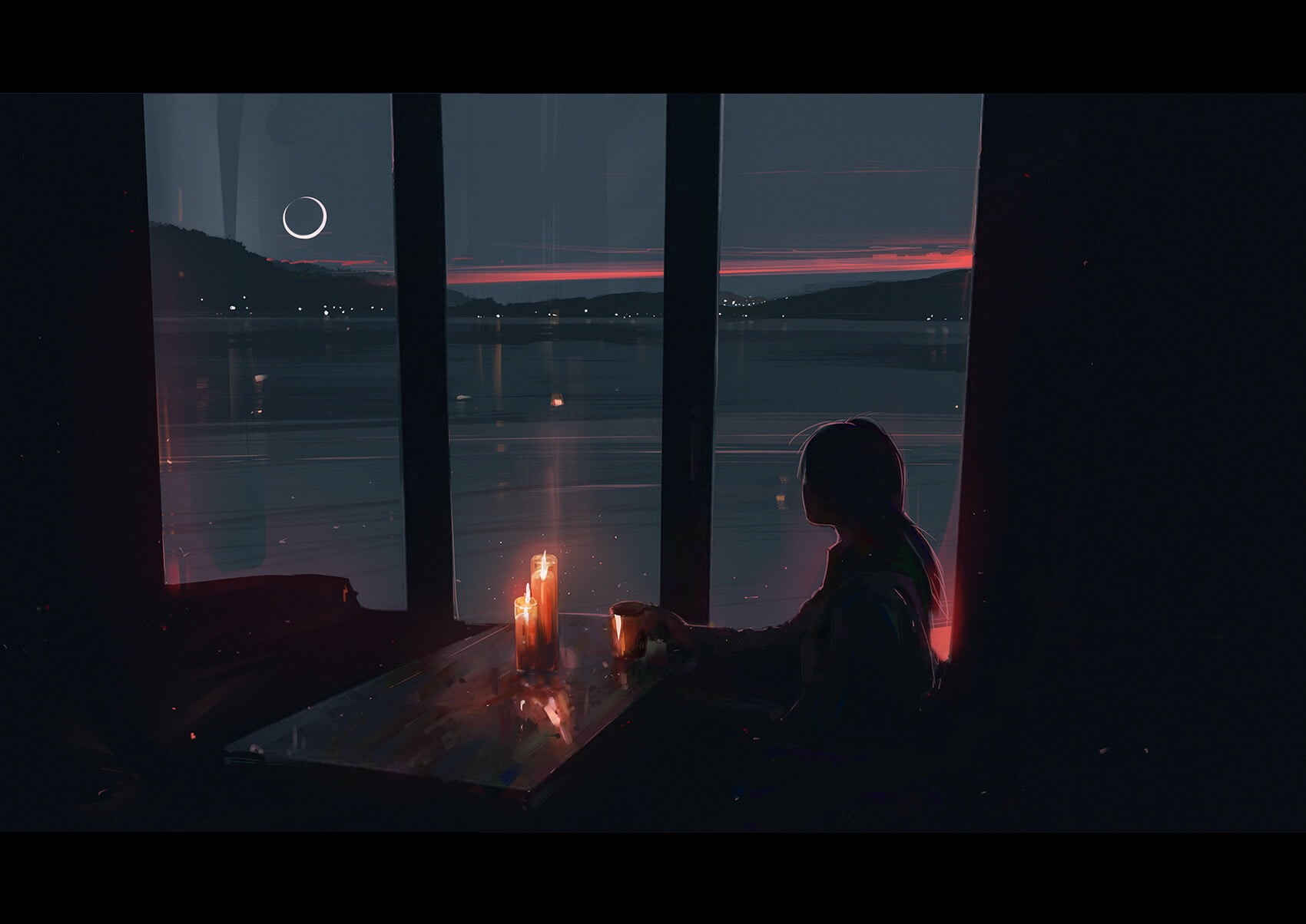 table, Moon, Aenami, mug, women, candles, 720P, HD Wallpaper