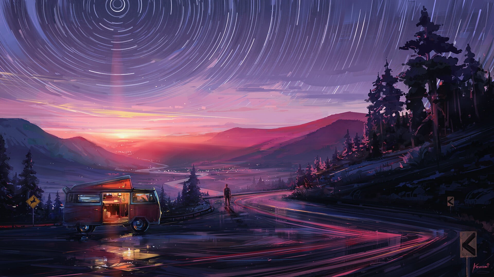 1080P, mountains, Aenami, sunset, road, stars, HD Wallpaper
