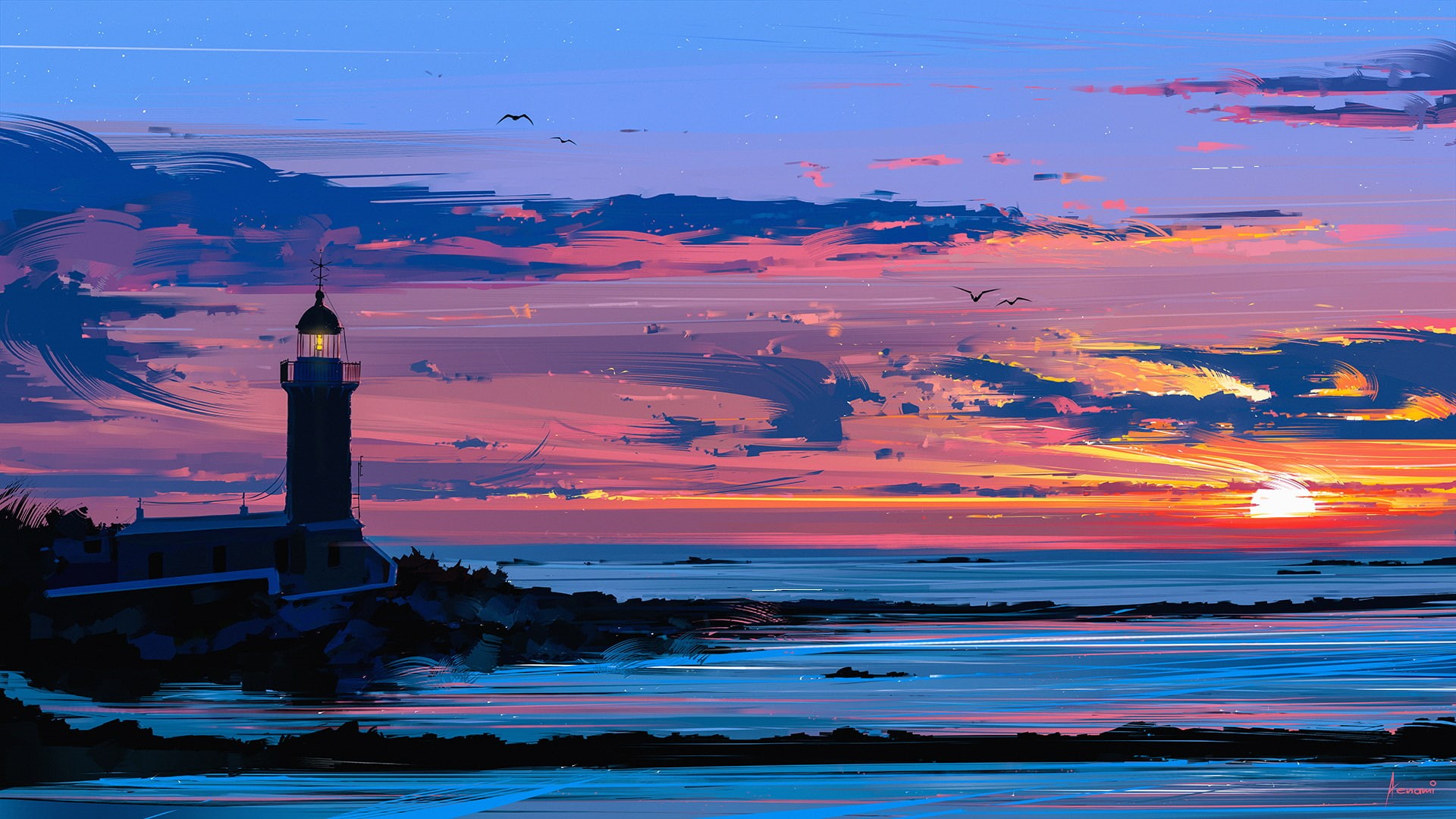 Aenami, Coast, digital art, 1080P, Lighthouse, drawing, HD Wallpaper