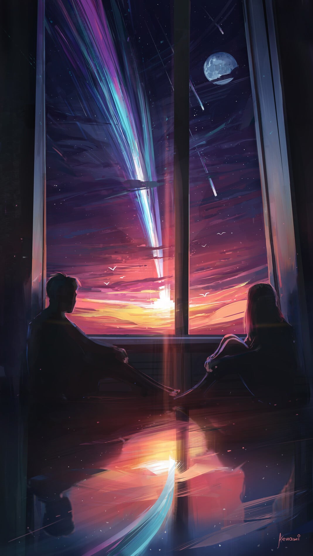 shooting stars, birds, window, digital art, Aenami, sky, couple, 720P, Moon, stars, Phone HD Wallpaper