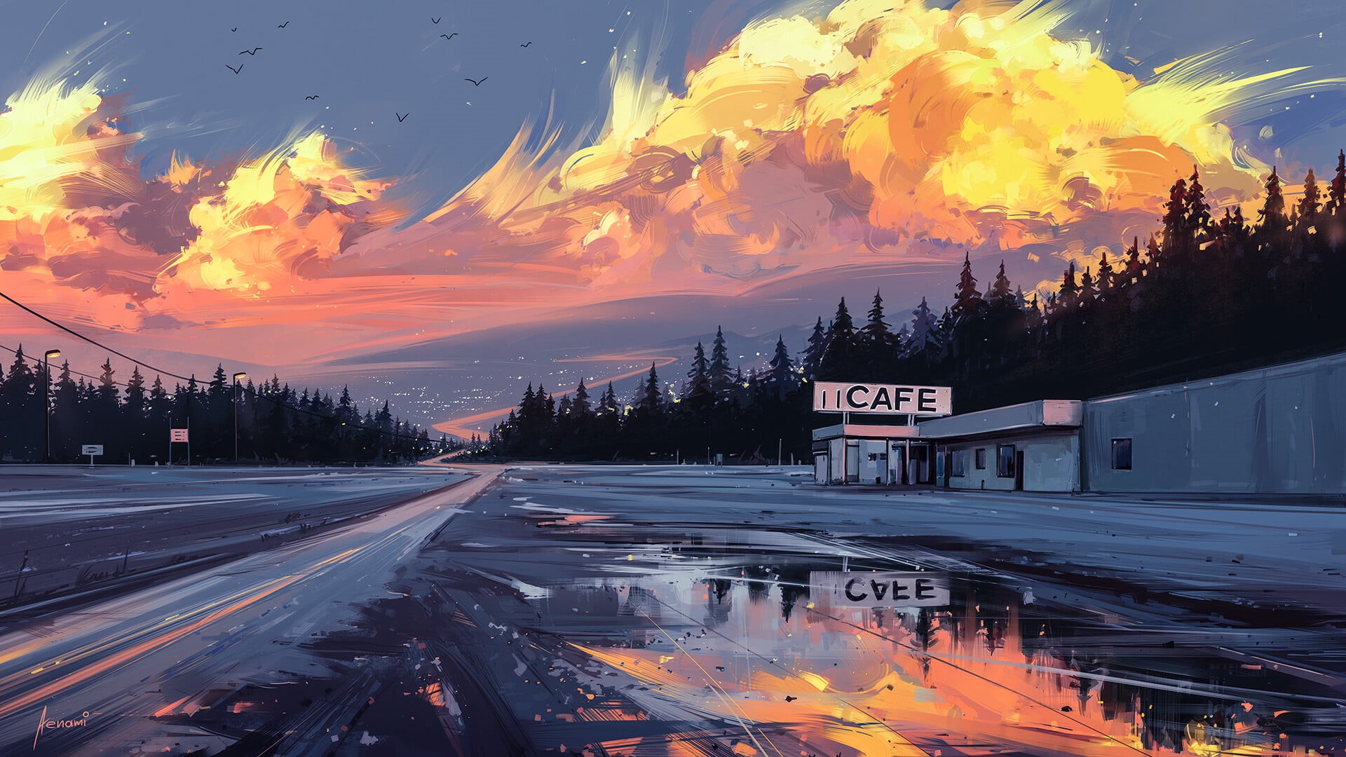 digital art, lights, environment, Aenami, road, clouds, 1080P, water, reflection, building, cafes, puddle, birds, artwork, HD Wallpaper