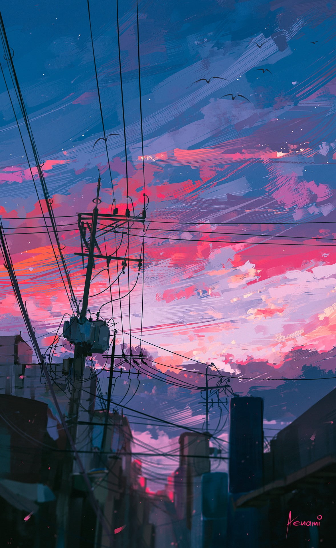 portrait display, 1080P, Aenami, power lines, sunset, town, sky, clouds, Phone HD Wallpaper