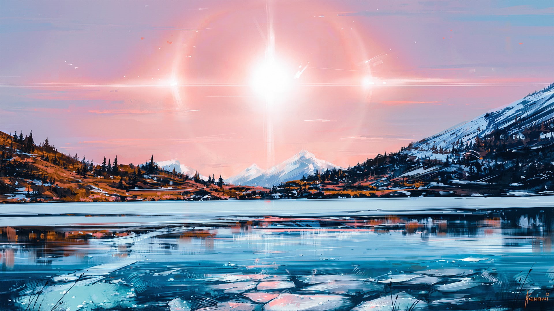 landscape, snow, Aenami, sky, river, sundogs, forest, digital art, ice, Sun, mountains, illustration, 1080P, winter, nature, HD Wallpaper