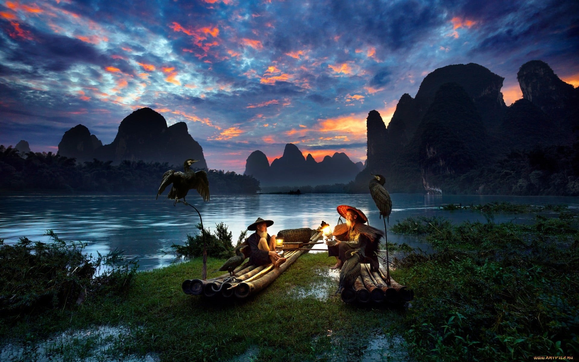 painting, people, beauty in nature, cloud - sky, boats, nature, 1080P, sunset, two, tranquility, rock formation, solid, scenics - nature, water, beach, HD Wallpaper