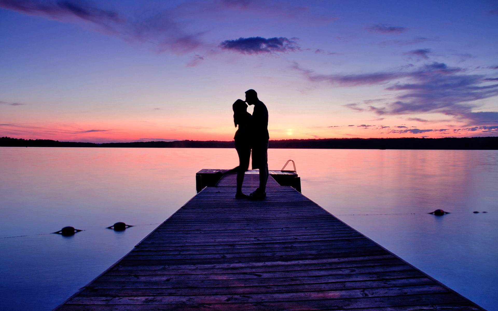 lifestyles, kiss, tranquility, silhouette, sky, pier, couple - relationship, dock, outdoors, leisure activity, sunset, togetherness, standing, 1080P, water, HD Wallpaper