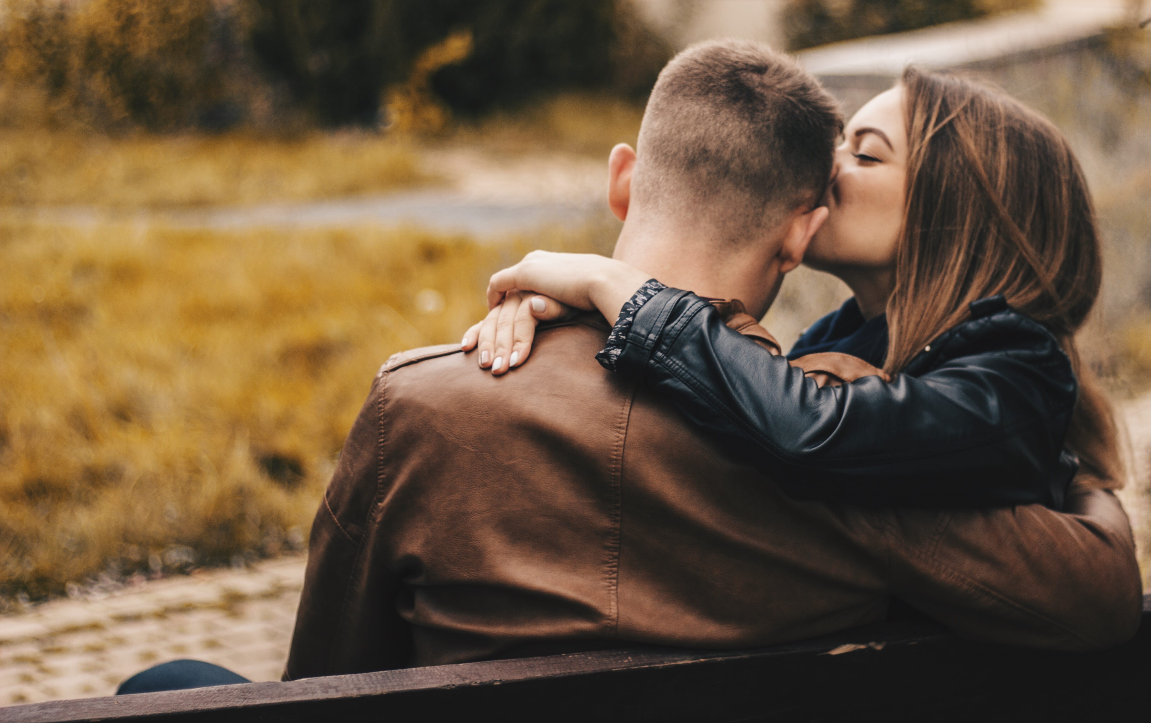 male, adult, bench, flirting, man, young women, bonding, embracing, affectionate, young adult, woman, forehead, romance, hairstyle, 4K, couple - relationship, HD Wallpaper