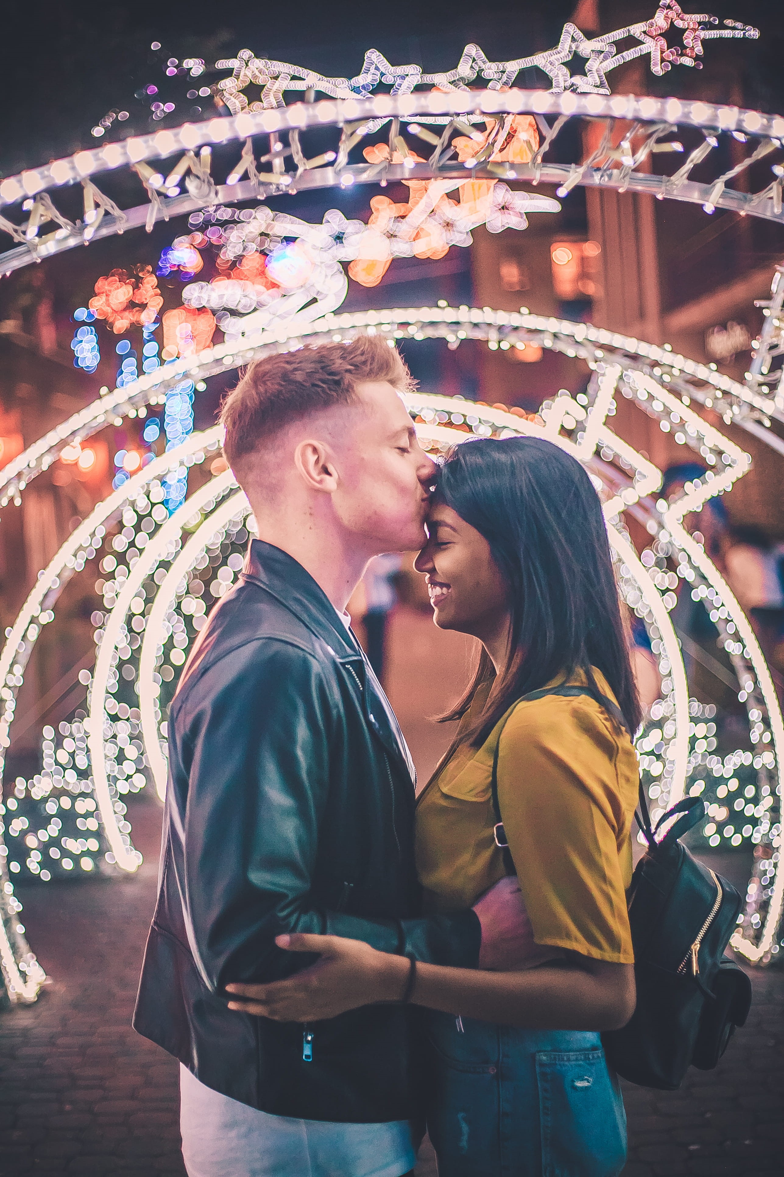 standing, love, emotion, couple - relationship, illuminated, outdoors, leisure activity, light, surrounded, 4K, young adult, woman, positive emotion, women, Phone HD Wallpaper