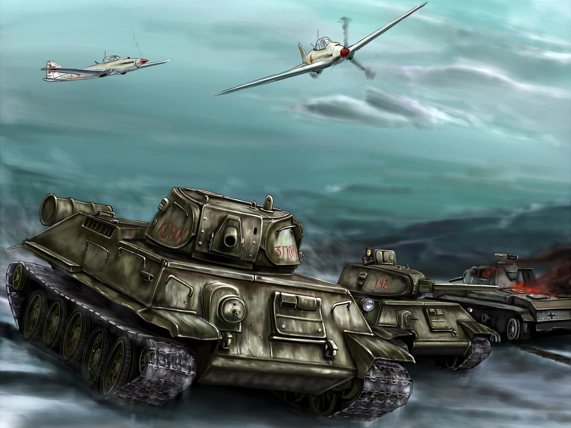 battle, offensive, tanks, water, The great Patriotic war, day, war, art, government, three, T-34-76, aggression, no people, graphic, figure, 1080P, sea, HD Wallpaper