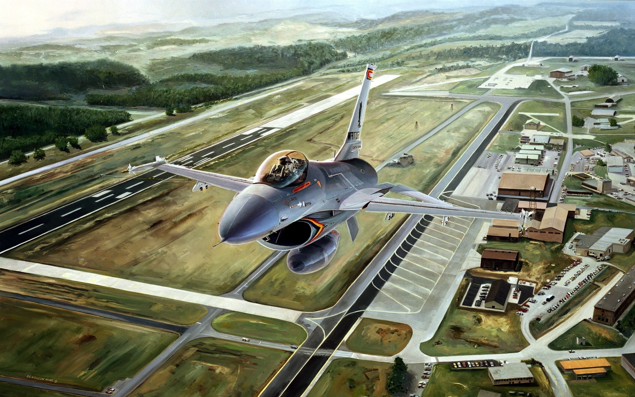 built structure, mountain, military aircraft, no people, air vehicle, outdoors, airfield, on the move, transportation, nature, day, drawing, General Dynamics F-16 Fighting Falcon, HD Wallpaper