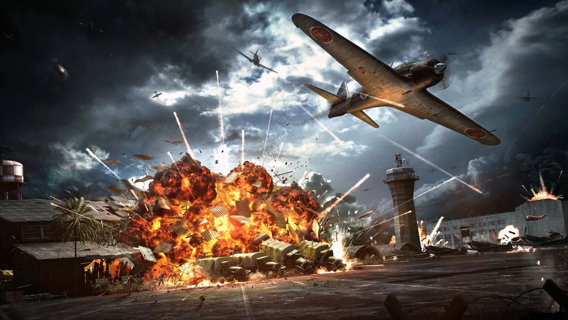 cloud - sky, city, deck, no people, military, government, explosions, weapon, 7 Dec 1941, flame, the airfield, war, illuminated, combo, videogame, sudden, HD Wallpaper