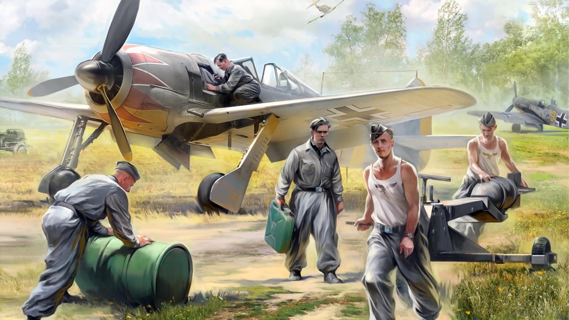 Aviation equipment, figure, 1080P, The airfield, FW-190, German aircraft, German air force ground crew, HD Wallpaper