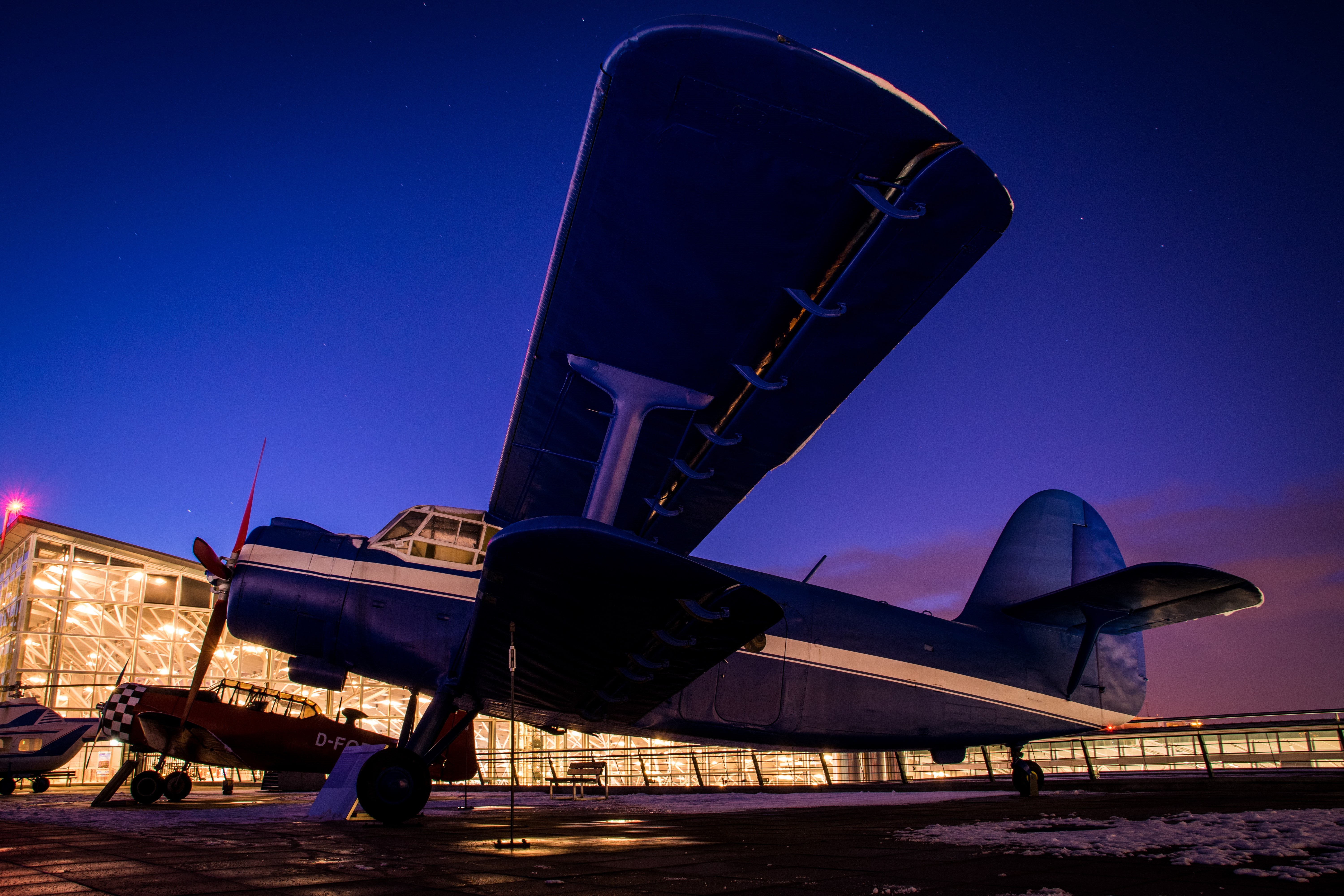 transportation, night, travel, air vehicle, airfield, long exposure, antonov, street light, sky, airplane, blue, illuminated, nature, dusk, 5K, outdoors, HD Wallpaper