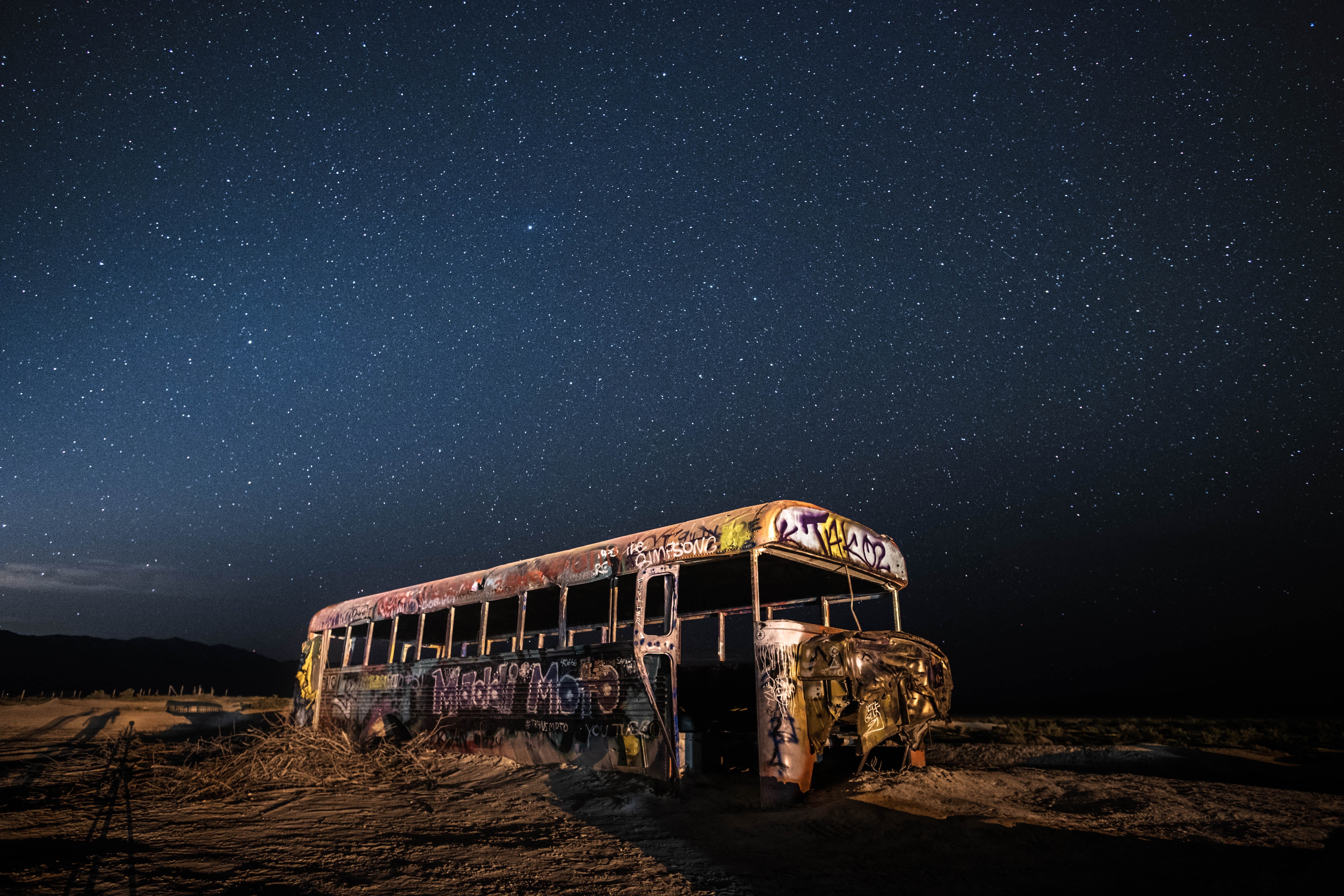 architecture, star field, i love you, scenics - nature, bus, instagram, mode of transportation, dark, astronomy, graffiti, desert, sky, run-down, abandoned, HD Wallpaper