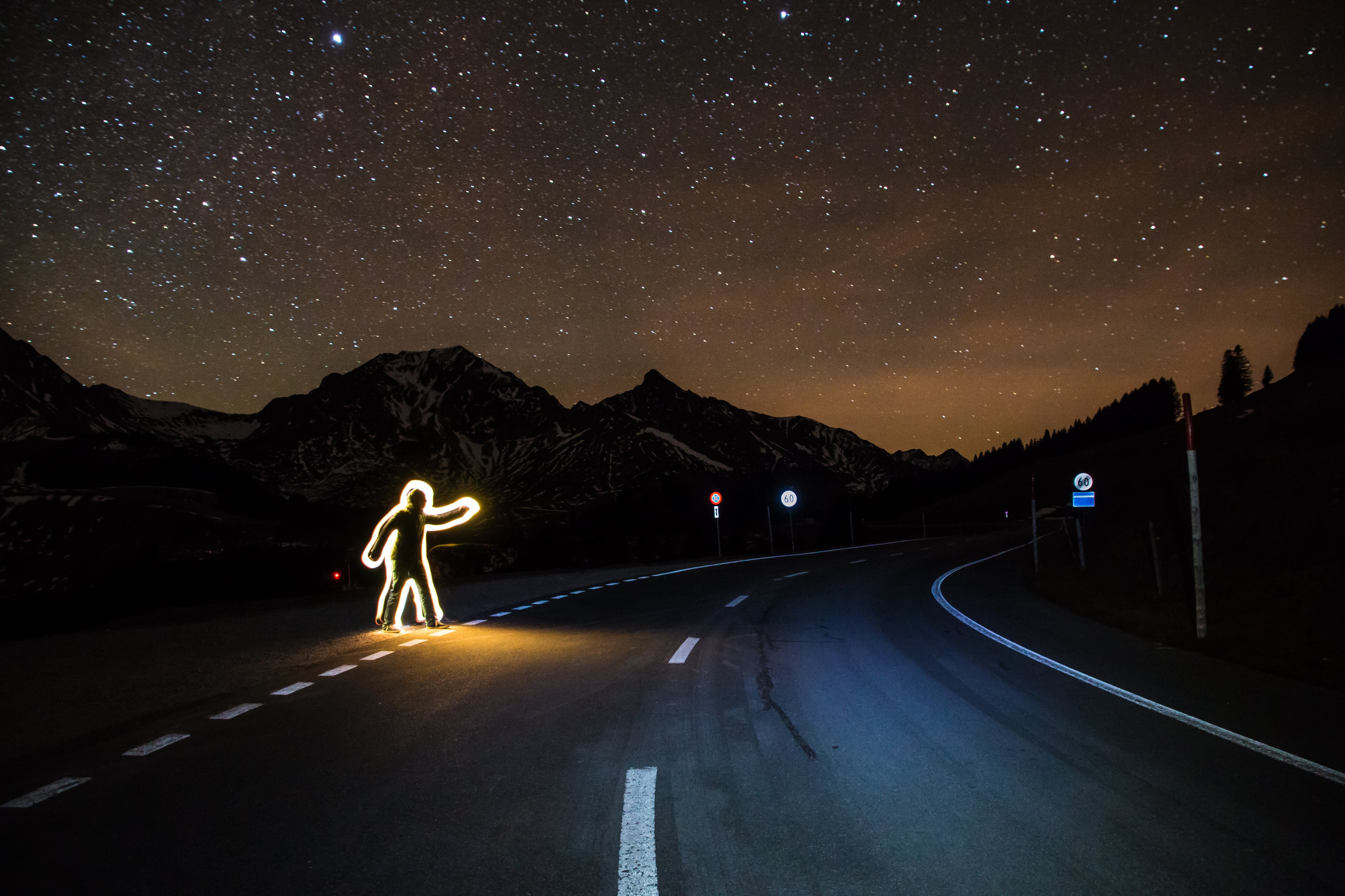 auto stop, 5K, photography, city, crossing, astronomy, universe, star, nature, starry sky, road, hitchhikers guide to the galaxy, milky way, take with you, HD Wallpaper
