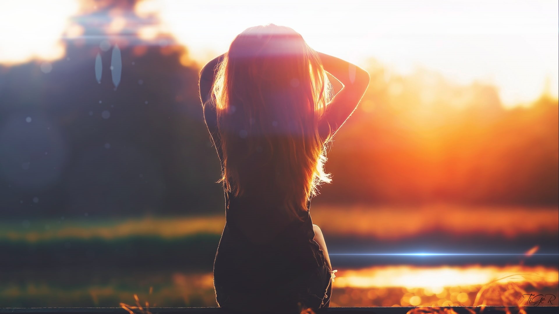 leisure activity, women, sunset, arms raised, rear view, back lit, beauty in nature, headshot, long hair, 1080P, focus on foreground, sky, adult, one person, HD Wallpaper