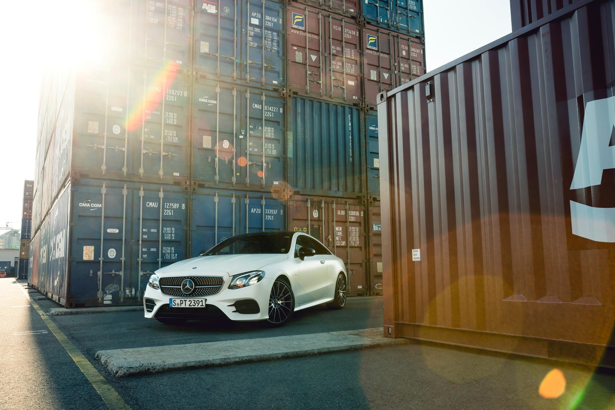 lens flare, containers, car, white, Mercedes-Benz, 1080P, HD Wallpaper