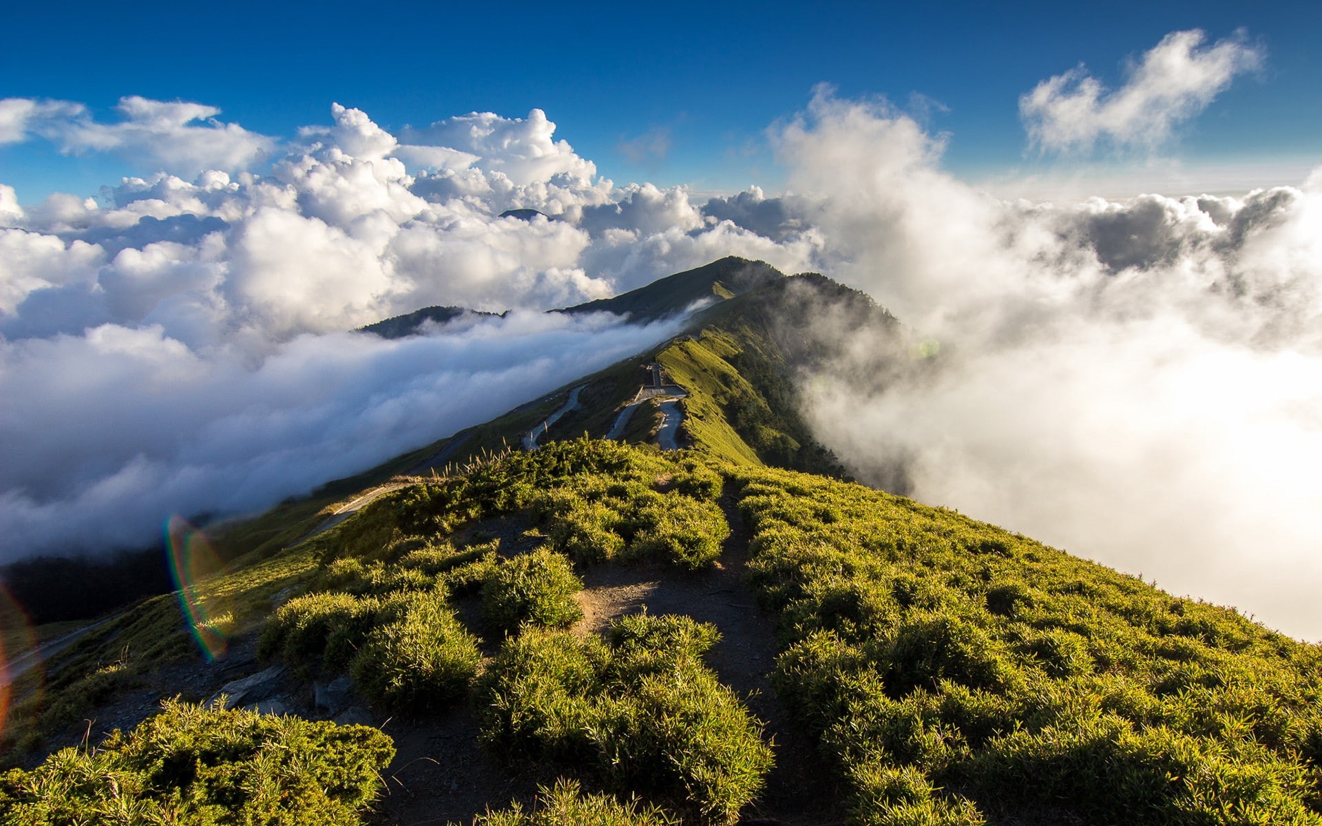 nature, lens flare, 1080P, landscape, mountains, clouds, HD Wallpaper