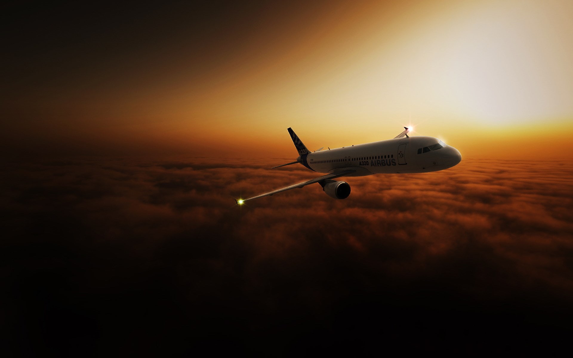 mid-air, transportation, no people, aerospace industry, air vehicle, dark, airplane, mode of transportation, private airplane, cloud - sky, sunset, 1080P, HD Wallpaper