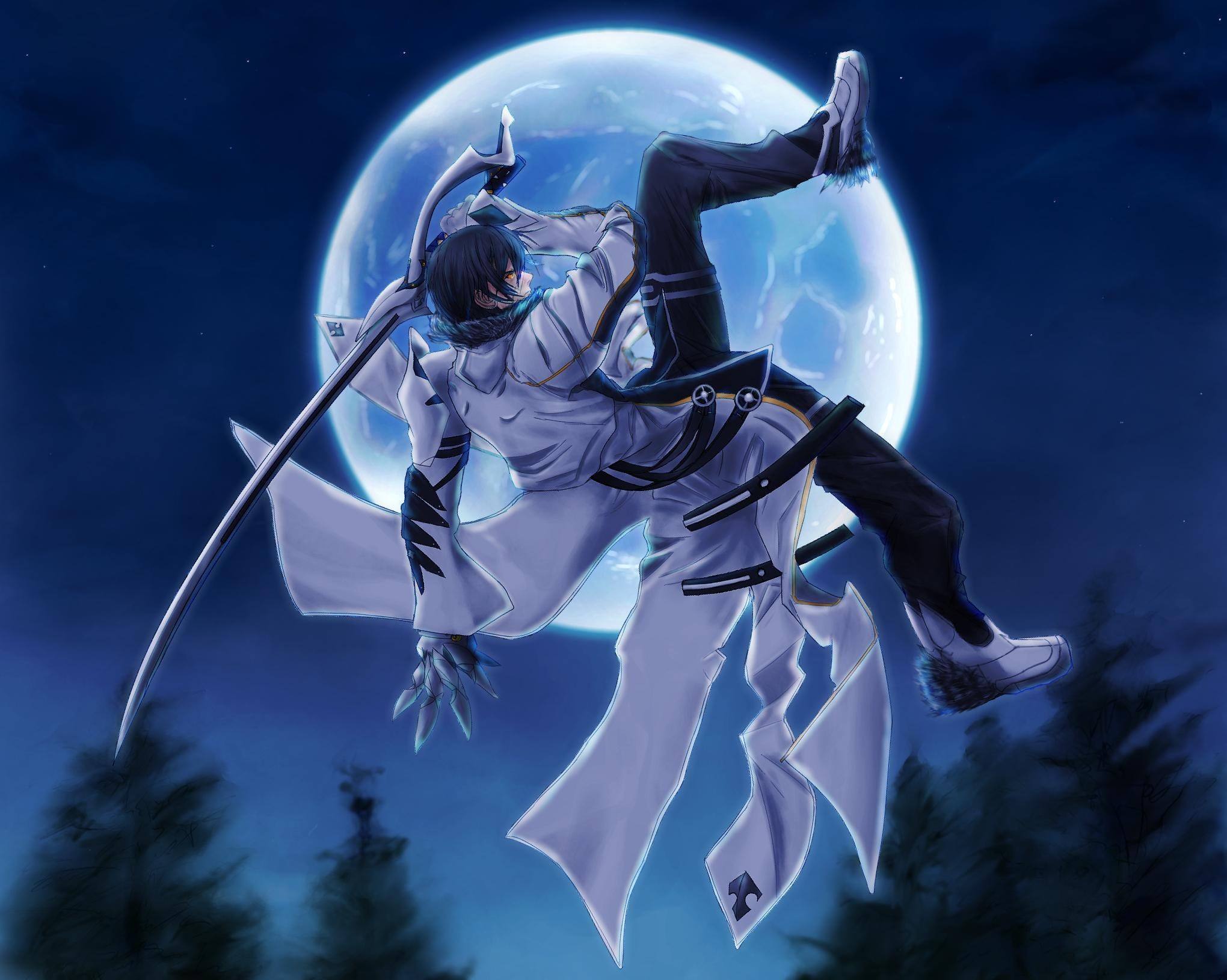 night, sword, 1080P, master, moon, game, video games, blade, anime, trench coat, weapon, blade master, man, raven, male, elsword, games, character, holding, HD Wallpaper
