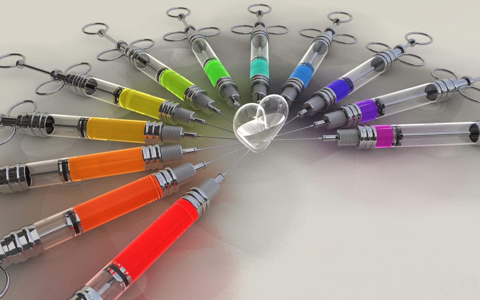 syringe, sharp, variation, technology, rainbows, indoors, multi colored, copy space, heart, close-up, equipment, no people, medical supplies, 720P, choice, HD Wallpaper