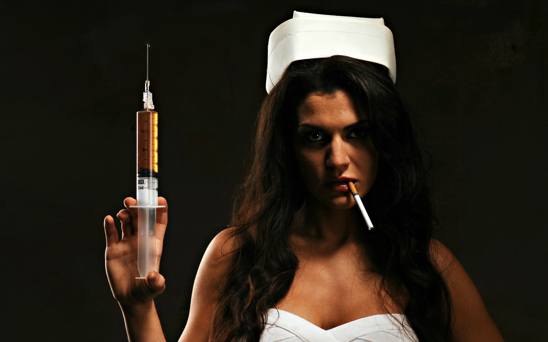 model, holding, cigarettes, needle, Dangling, beauty, beautiful woman, young women, young adult, 1080P, adult, healthcare and medicine, indoors, nurses, HD Wallpaper