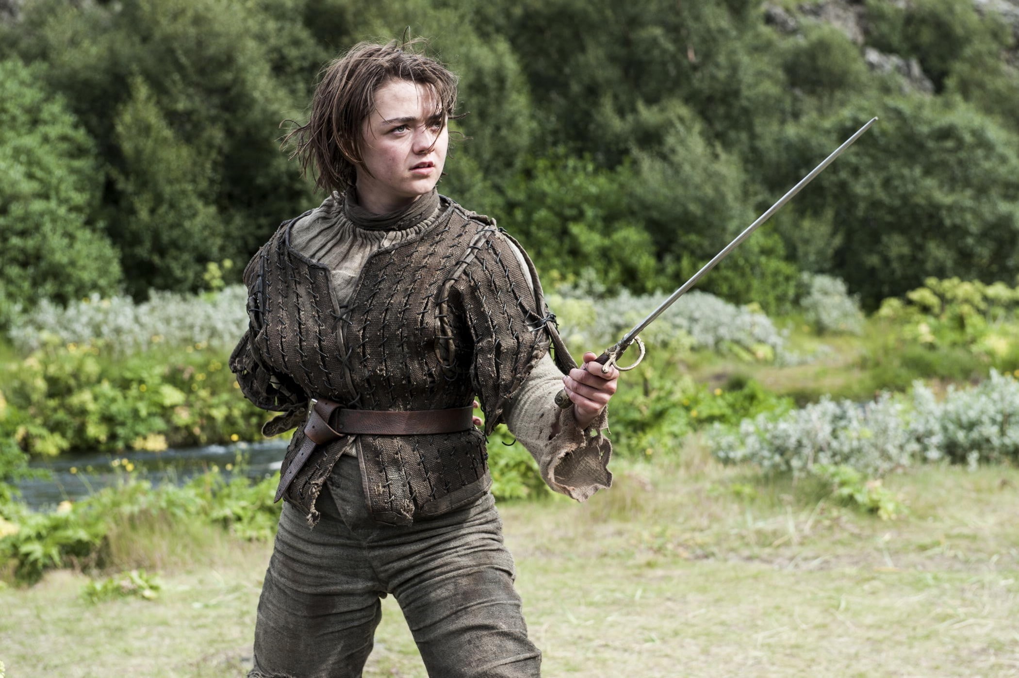 brown hair, 1080P, tree, nature, young men, one person, s, standing, Needle (Sword), Maisie Williams, holding, medieval, leisure activity, looking, women, HD Wallpaper