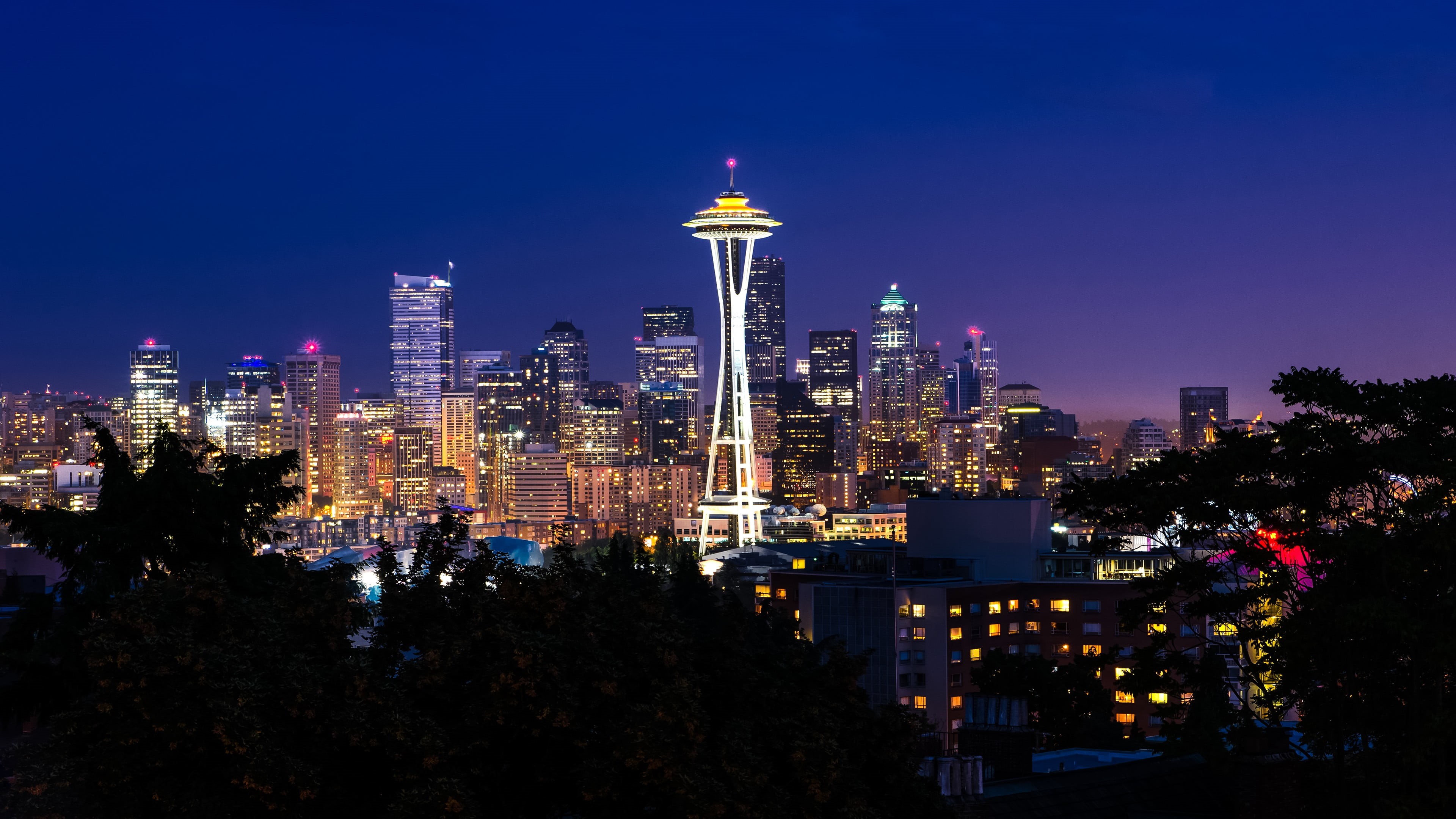 no people, tower, Space Needle, modern, Seattle, spire, night, skyscraper, silhouette, tall - high, office building exterior, building, nature, trees, cityscape, HD Wallpaper