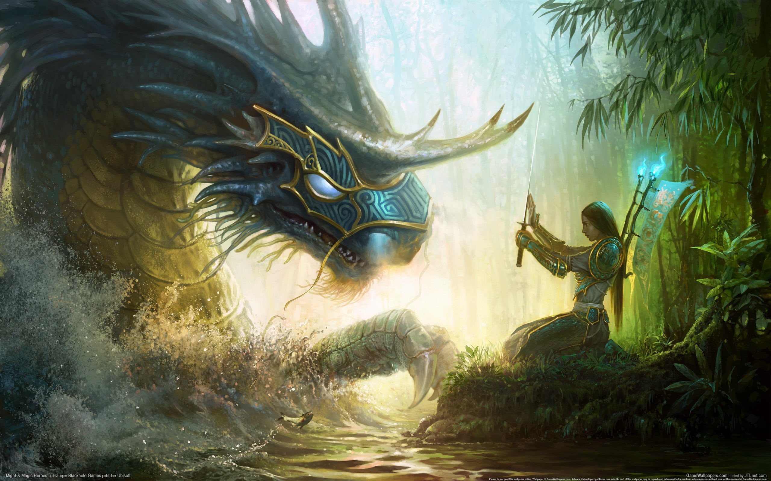 fantasy art, statue, Heroes of Might and Magic VI, sword, art and craft, no people, armor, human representation, plant, women, samurai, dragon, religion, HD Wallpaper