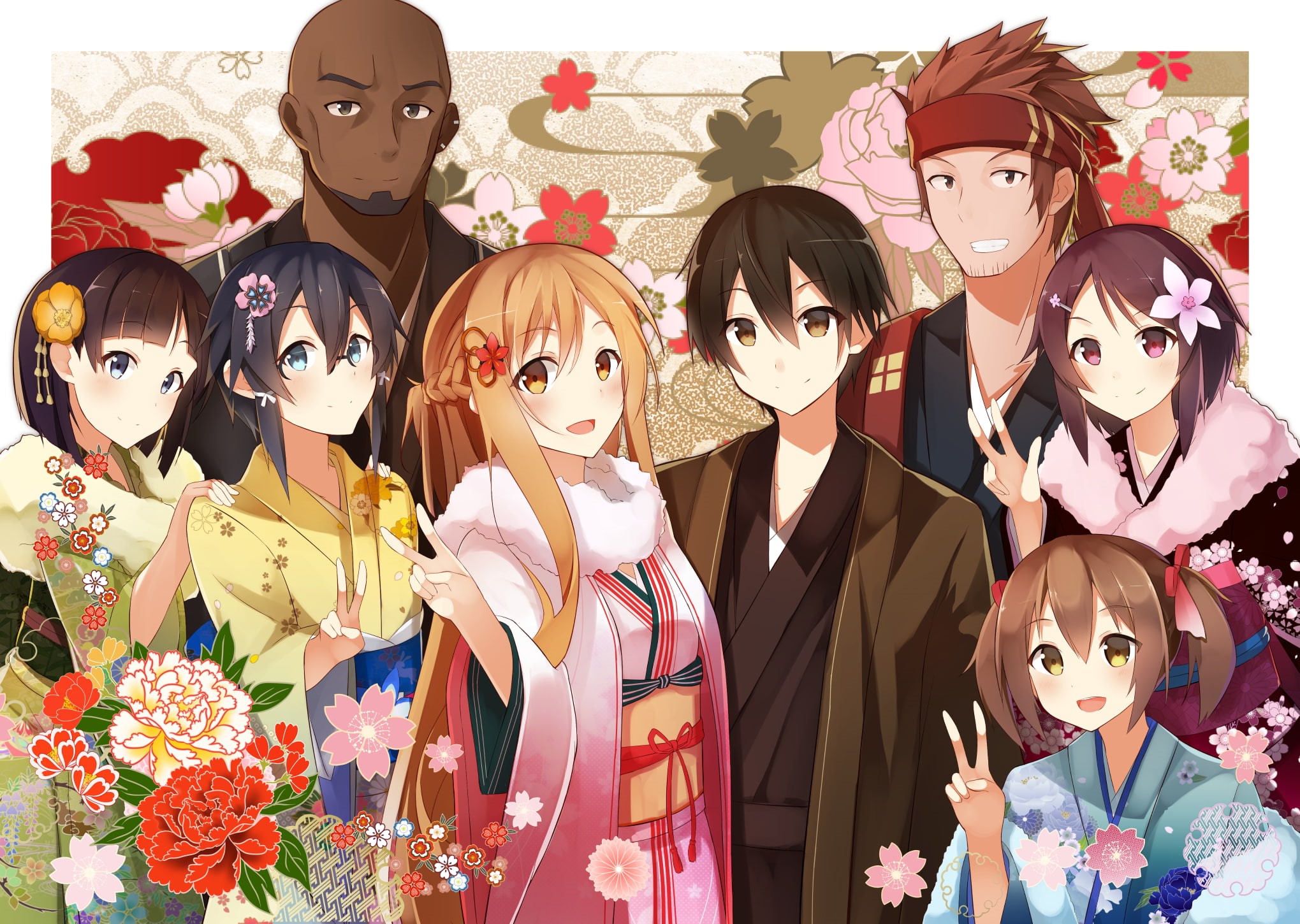 Sword Art Online II, Asuna Yuuki, Sword Art Online, Agil (Sword Art Online), Klein (Sword Art Online), Black Hair, Long Hair, Ryoutarou Tsuboi, Silica (Sword Art Online), HD Wallpaper