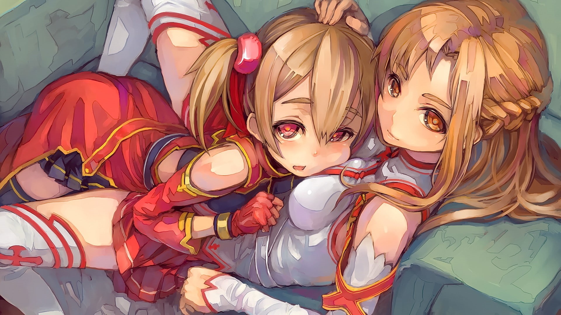 1080P, blonde, dress, short hair, open mouth, smiling, Sword Art Online, Ayano Keiko, long hair, Yuuki Asuna, anime girls, anime, HD Wallpaper