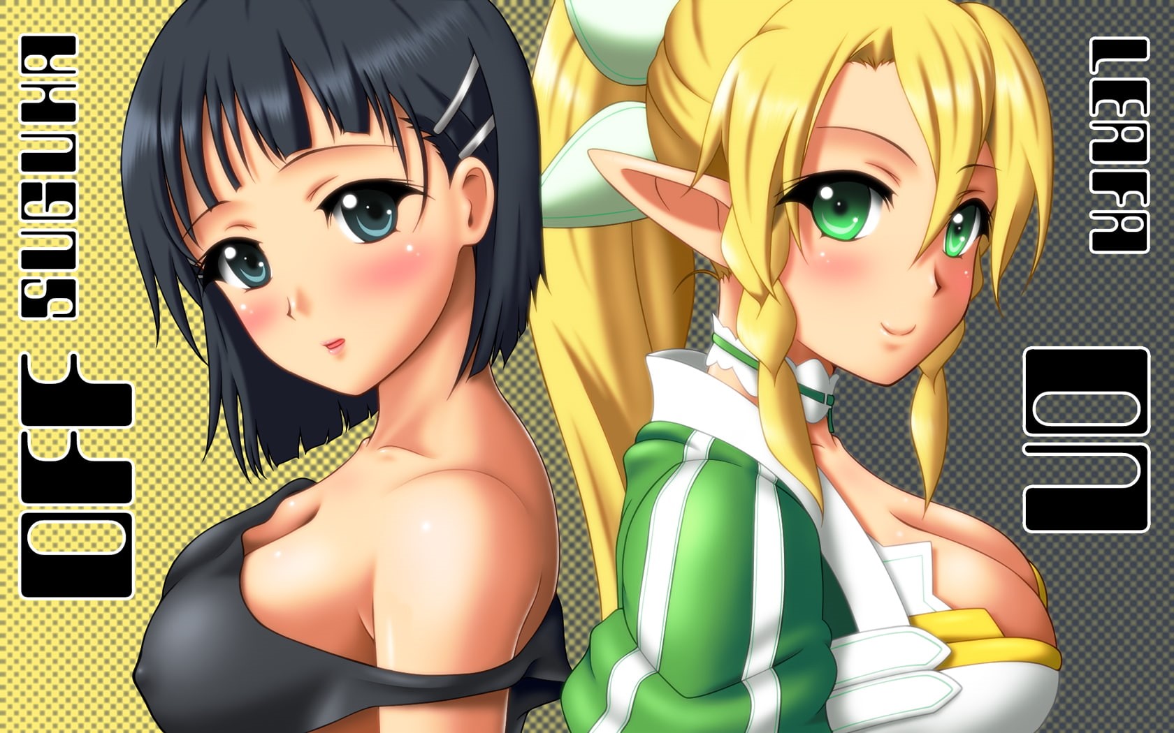 tagme, 720P, online, sword, leafa, kimuti g, elf, spoiler, kirigaya, green, eyes, art, hair, cleavage, suguha, blonde, HD Wallpaper