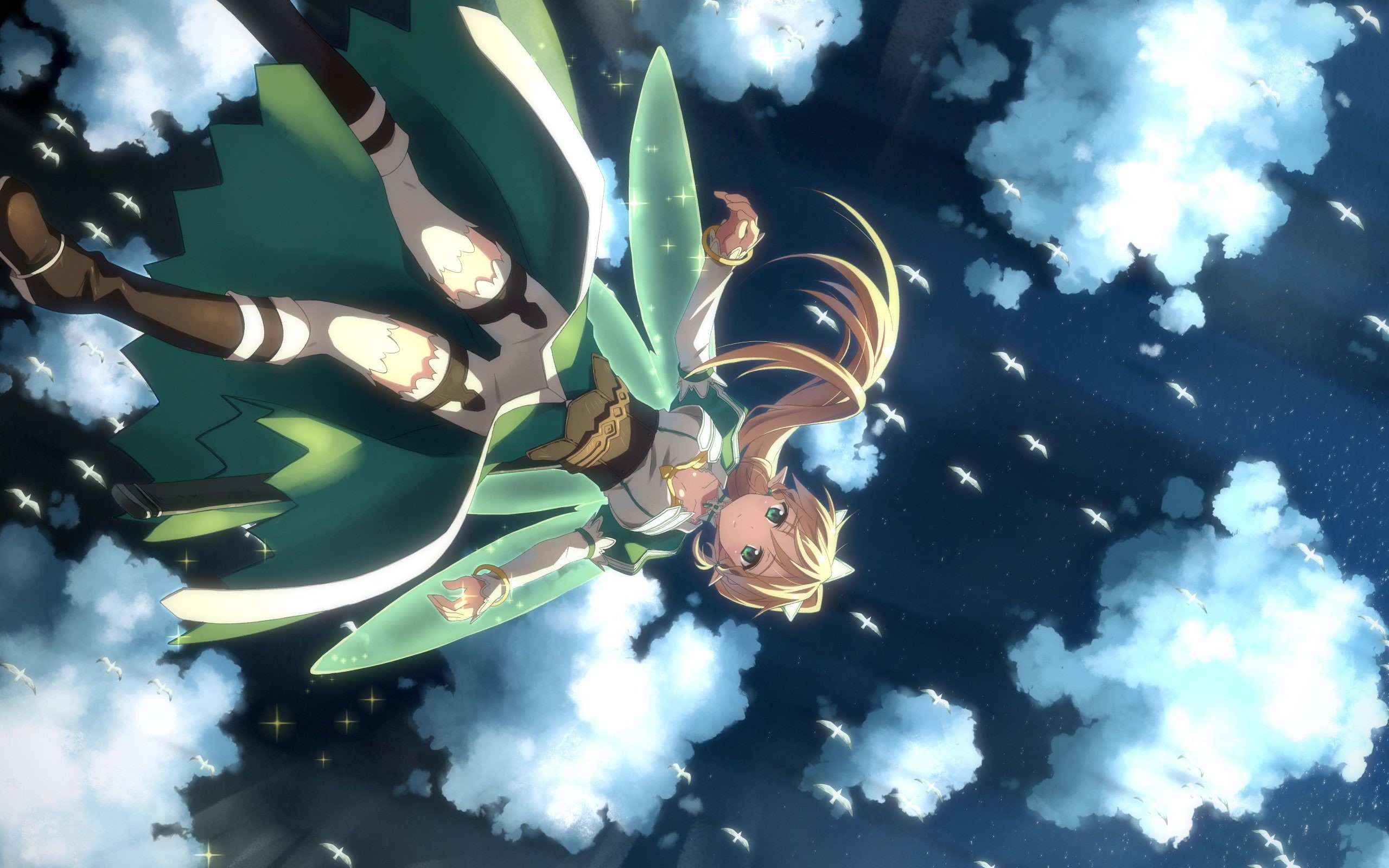 hair, thighhighs, pointed, yuuki, tatsuya, sky, ears, art, leafa, 2K, long, bird, blonde, animal, online, sword, HD Wallpaper
