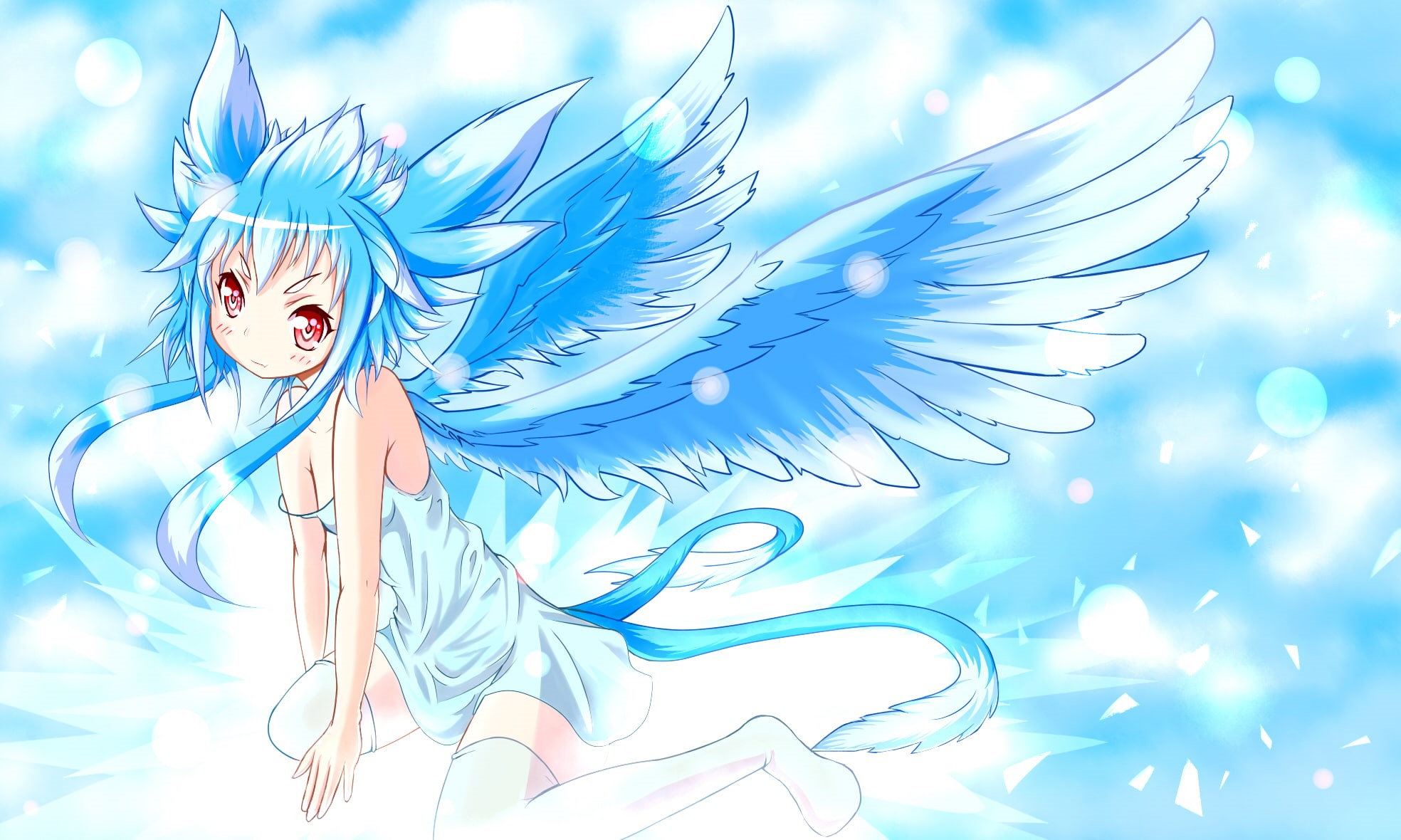 pina, blue, sky, animal, hair, online, 1080P, art, jupengin, ears, multiple, eyes, wings, anthropomorphism, clouds, tails, tail, thighhighs, red, dress, HD Wallpaper