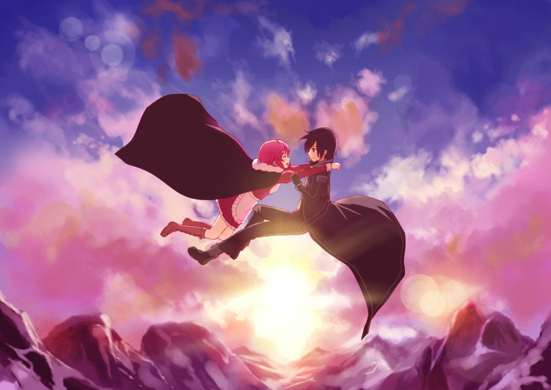 art, Sword Art Online, sky, Fantasy, women, sunset, nature, jumping, two people, outdoors, purple, beauty in nature, leisure activity, Romantic, vitality, HD Wallpaper