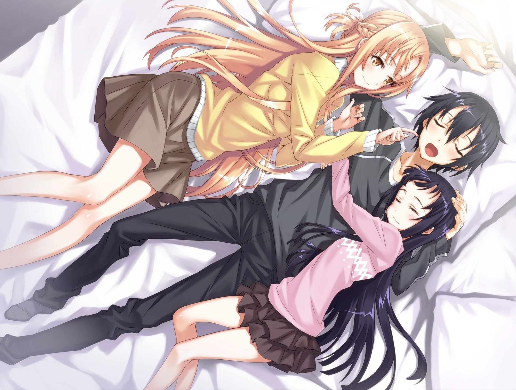 people, adult, leisure activity, yui, full length, beautiful woman, kirigaya kazuto, sleeping, females, togetherness, front view, costume, women, romance, HD Wallpaper