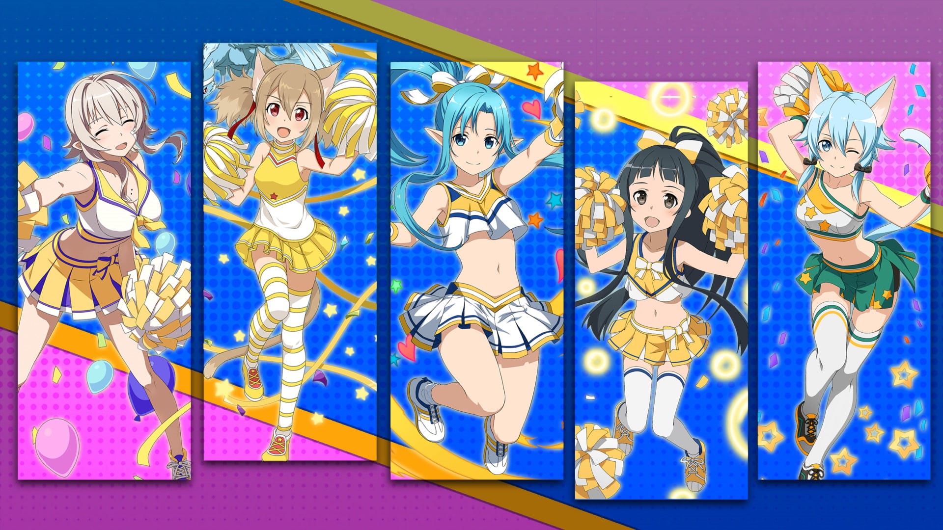 Yui (Sword Art Online), Strea (Sword Art Online), Pink, Sinon (Sword Art Online), Cheerleader, Asuna Yuuki, 1080P, Sword Art Online, Yellow, Blue, Silica, HD Wallpaper