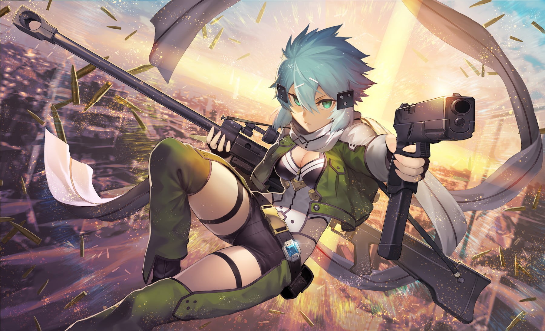 blue hair, short hair, Shinon(Sword Art Online), Sword Art Online, blue eyes, 720P, anime girls, Girl With Weapon, HD Wallpaper